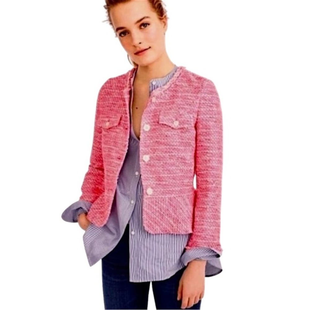 J. Crew ✘ Pink Lady Peplum Tweed Cotton Button Jacket Neon Fuchsia, M